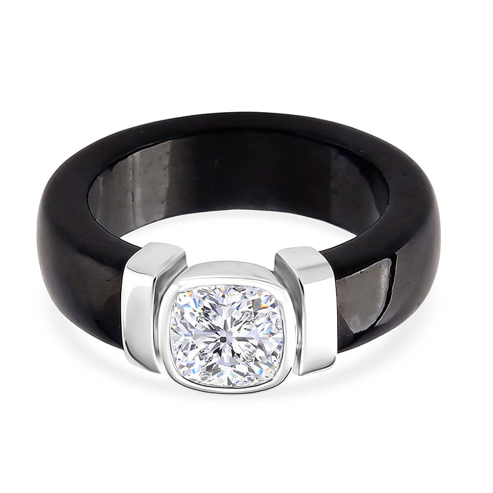 D-VVS1 GRA Certified Moissanite (1.70 Cts) &amp;  Black Jade Solitaire Band Ring in Rhodium Overlay Sterling Silver 30.00  Ct. 8503070 1