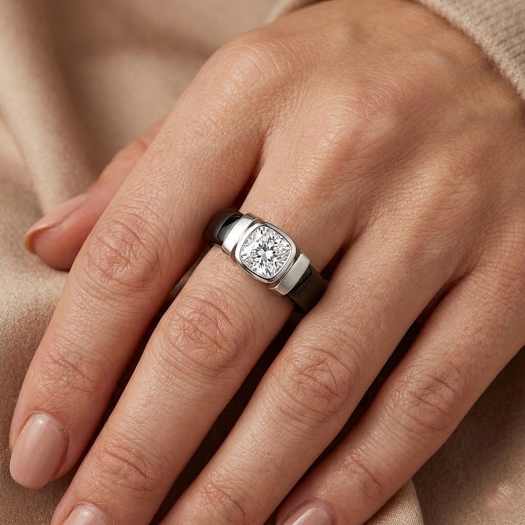 D-VVS1 GRA Certified Moissanite (1.70 Cts) &amp;  Black Jade Solitaire Band Ring in Rhodium Overlay Sterling Silver 30.00  Ct. 8503070 2