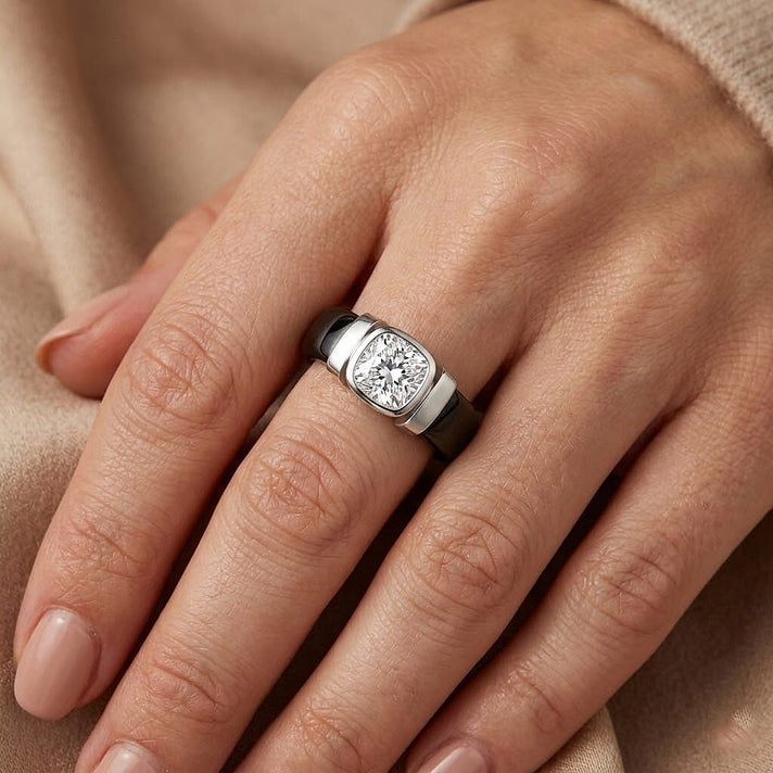 D-VVS1 GRA Certified Moissanite (1.70 Cts) &amp;  Black Jade Solitaire Band Ring in Rhodium Overlay Sterling Silver 30.00  Ct. 8503070 2