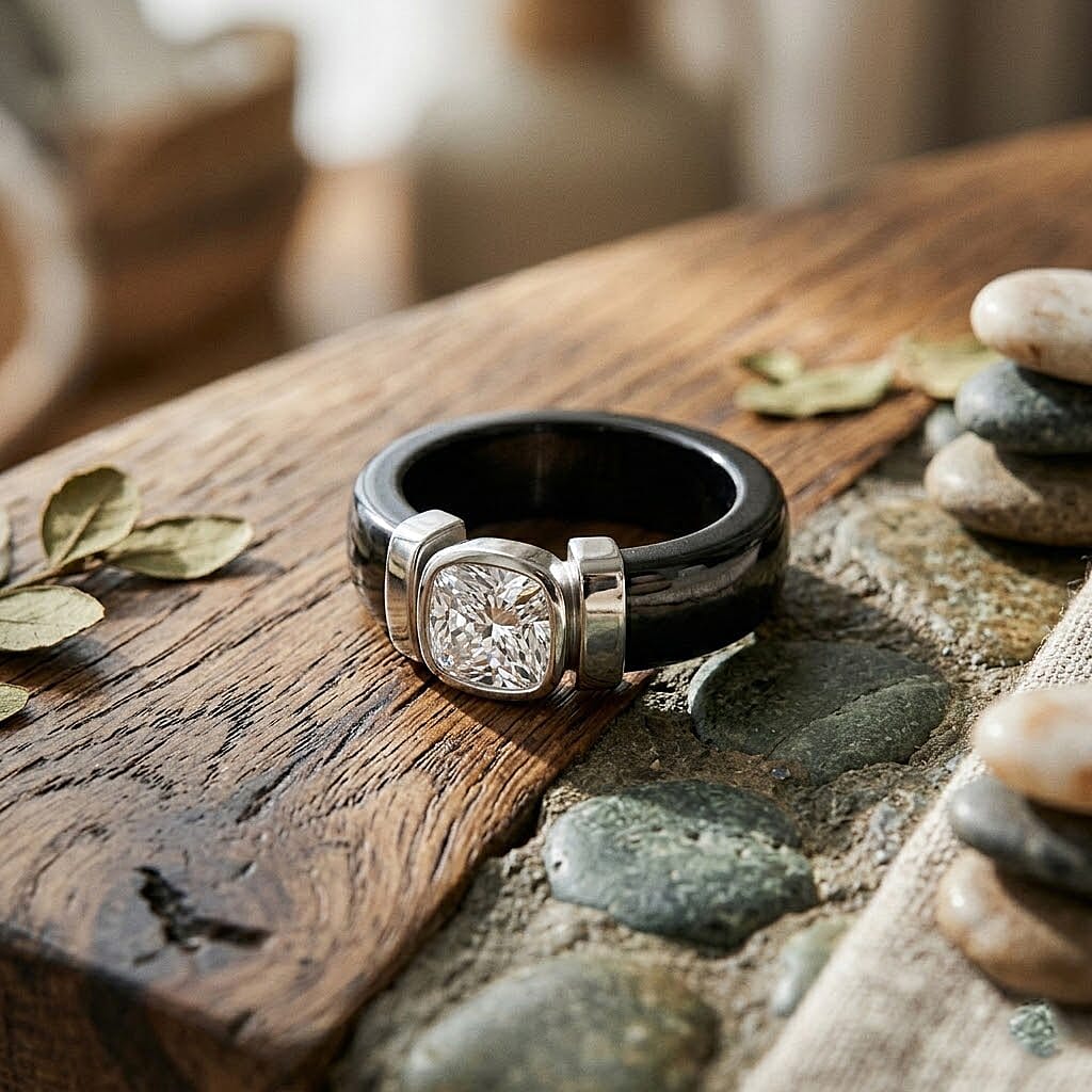 D'Joy - GRA Certified Moissanite & Dyed Black Jade Solitaire Band Ring in Rhodium Overlay Sterling Silver 29.70 Ct.