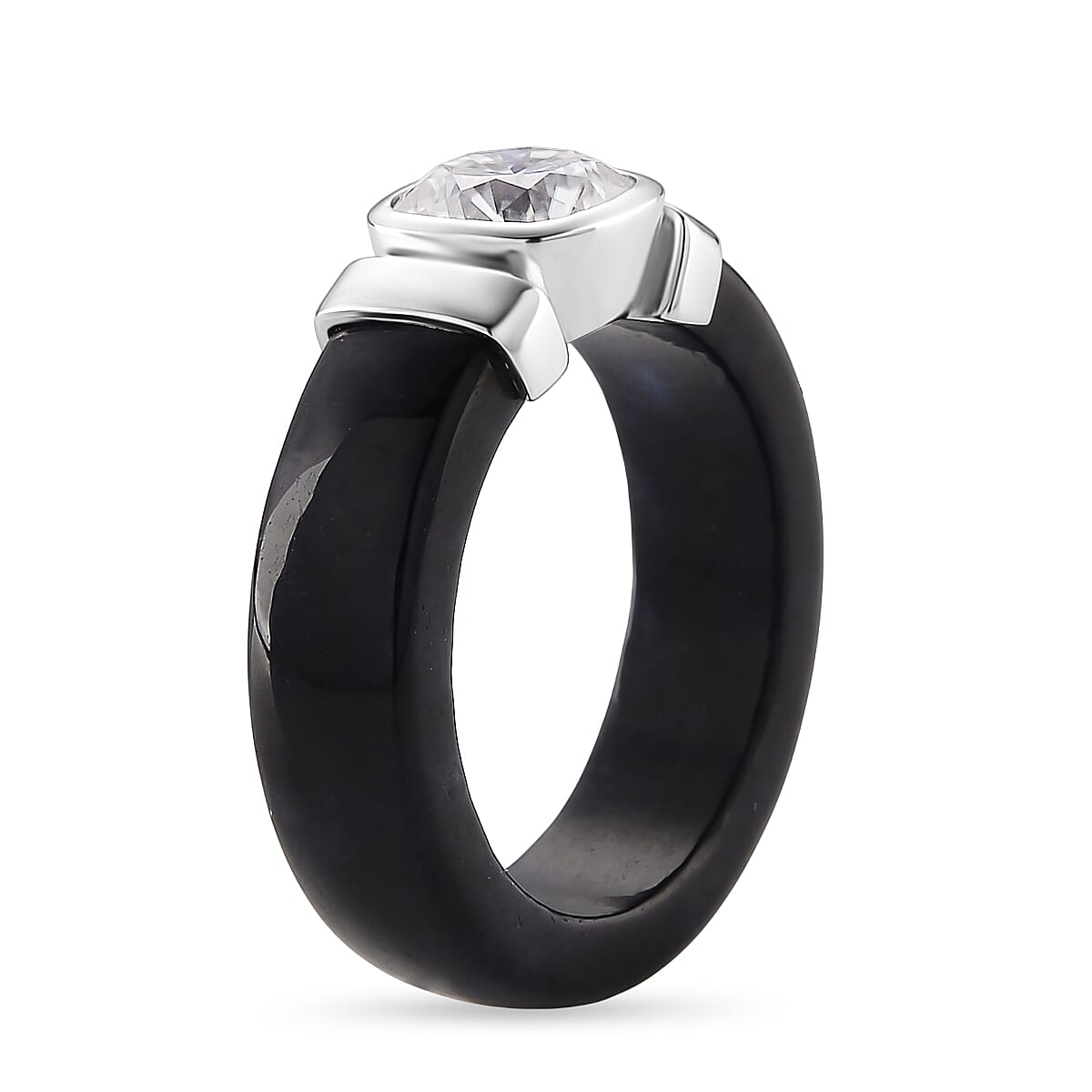 D-VVS1 GRA Certified Moissanite (1.70 Cts) &amp;  Black Jade Solitaire Band Ring in Rhodium Overlay Sterling Silver 30.00  Ct. 8503070 4