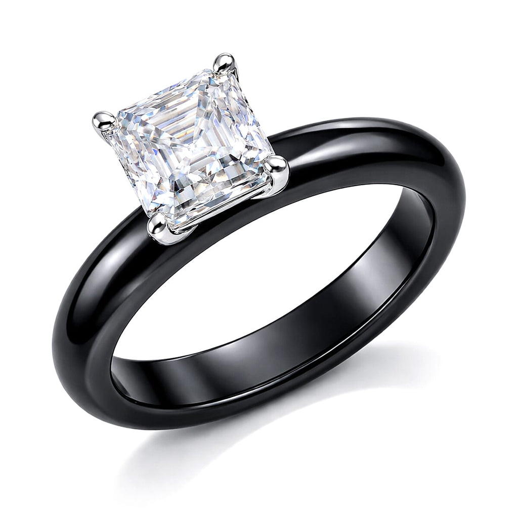 D'Joy -  Moissanite & Boots Black Jade (EN) Solitaire Band Ring in Rhodium Overlay Sterling Silver 2.00 Ct.