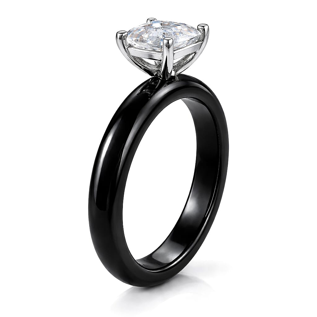 D'Joy -  Moissanite & Boots Black Jade (EN) Solitaire Band Ring in Rhodium Overlay Sterling Silver 2.00 Ct.
