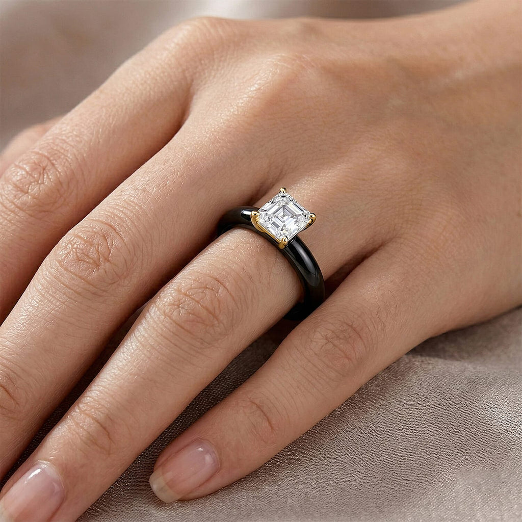D'Joy - Moissanite & Boots Black Jade (EN) Solitaire Band Ring in Yellow Gold Plated Sterling Silver 2.00 Ct.