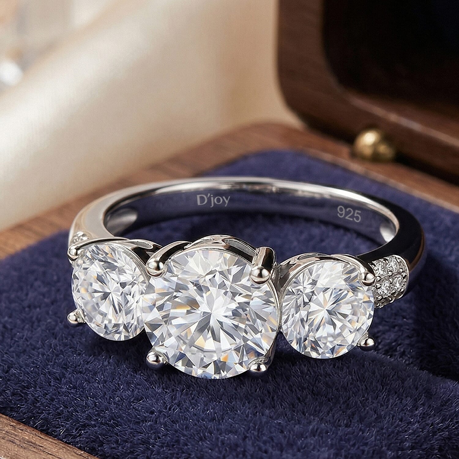 D'Joy - GRA Certified ( D-VVS1 ) Moissanite Trilogy Ring in Rhodium Overlay Sterling Silver 3.52 Ct. 8531815 2