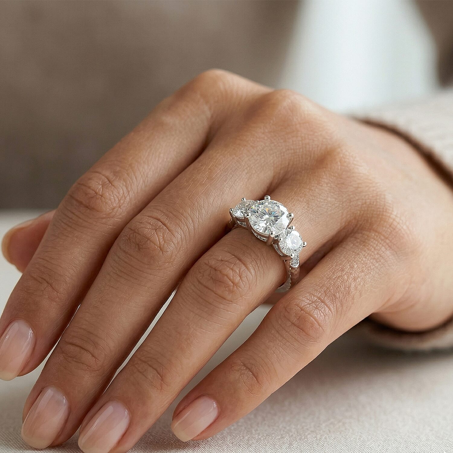 D'Joy - GRA Certified ( D-VVS1 ) Moissanite Trilogy Ring in Rhodium Overlay Sterling Silver 3.52 Ct. 8531815 3