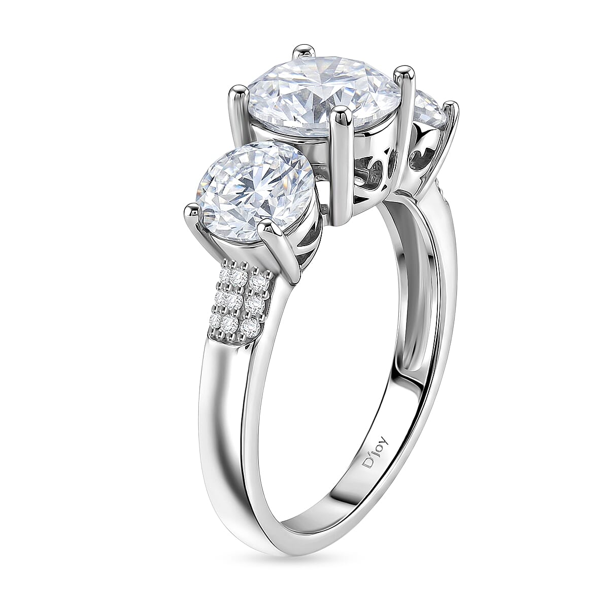 D'Joy - GRA Certified ( D-VVS1 ) Moissanite Trilogy Ring in Rhodium Overlay Sterling Silver 3.52 Ct. 8531815 4