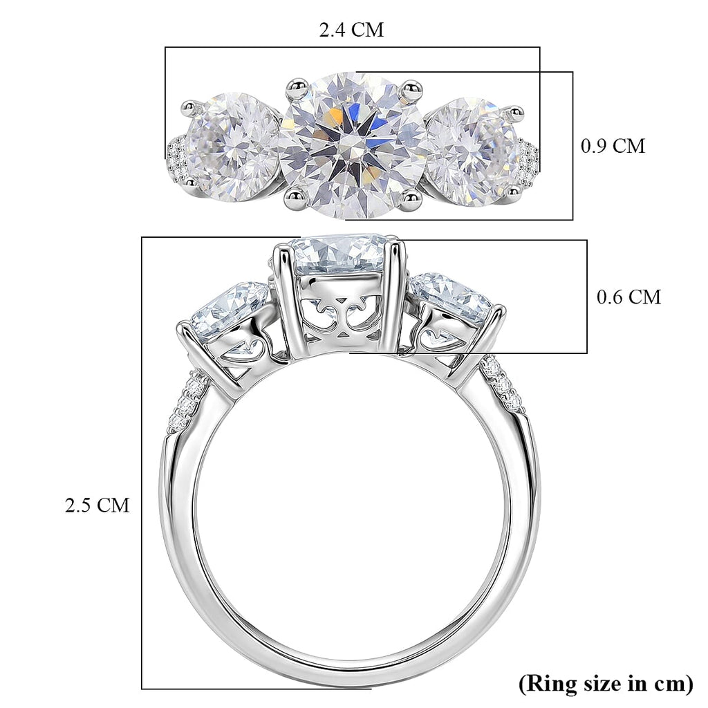 D'Joy - GRA Certified Moissanite ( VS-D-E) Trilogy Ring in Rhodium Overlay Sterling Silver 3.52 Ct.