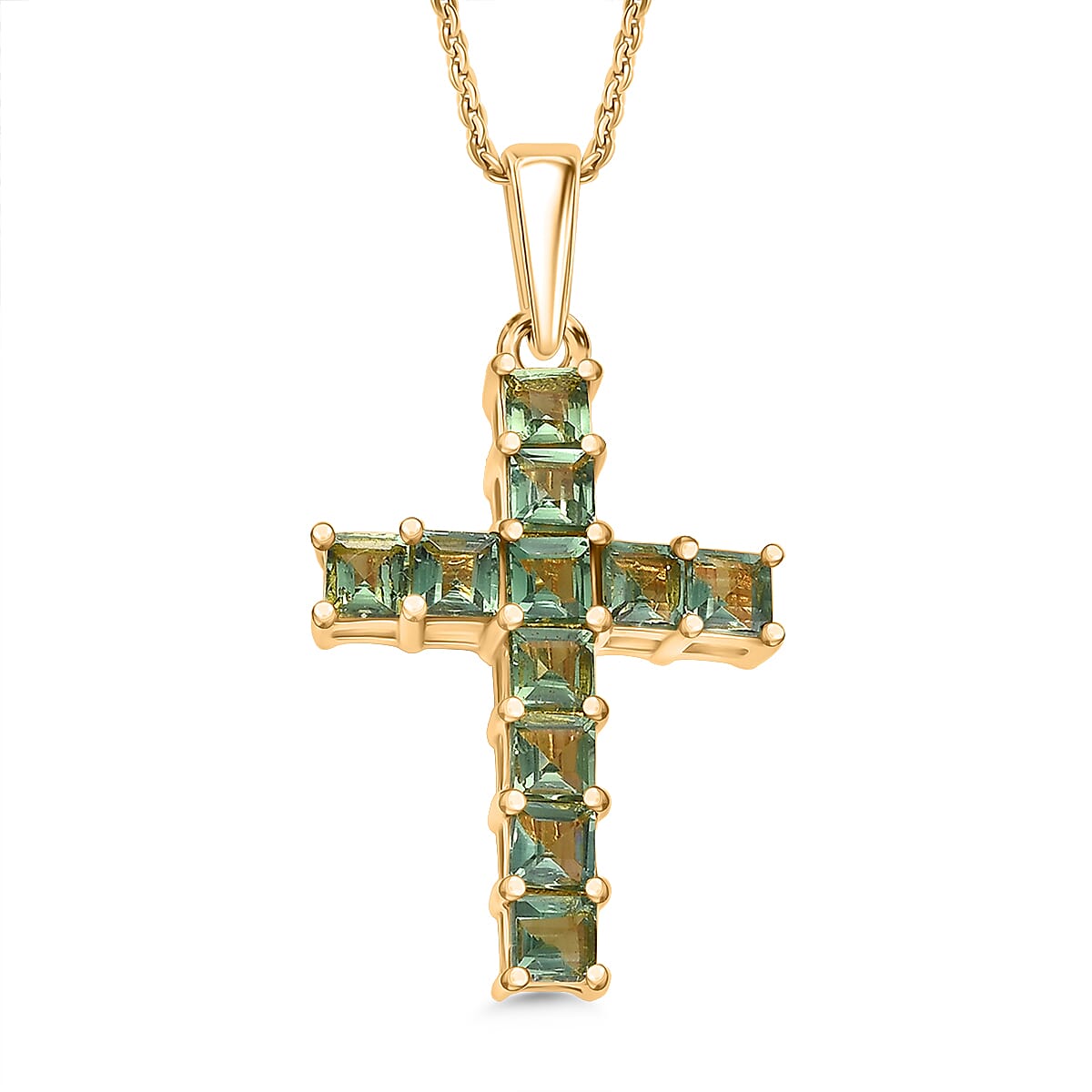 D'Joy Natural Tanzanian Green Apatite Cross Pendant with Chain (Size 20) in 18K Vermeil Yellow Gold Plated Sterling Silver 1.85 Ct. 4427617 0