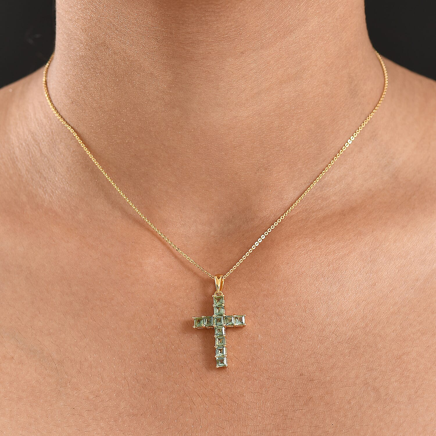 D'Joy Natural Tanzanian Green Apatite Cross Pendant with Chain (Size 20) in 18K Vermeil Yellow Gold Plated Sterling Silver 1.85 Ct. 4427617 2