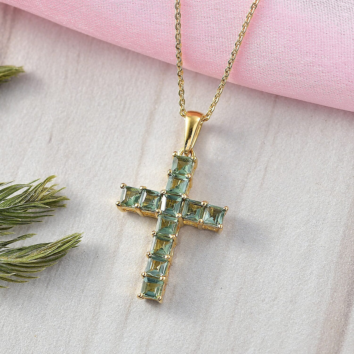 D'Joy Natural Tanzanian Green Apatite Cross Pendant with Chain (Size 20) in 18K Vermeil Yellow Gold Plated Sterling Silver 1.85 Ct. 4427617 3