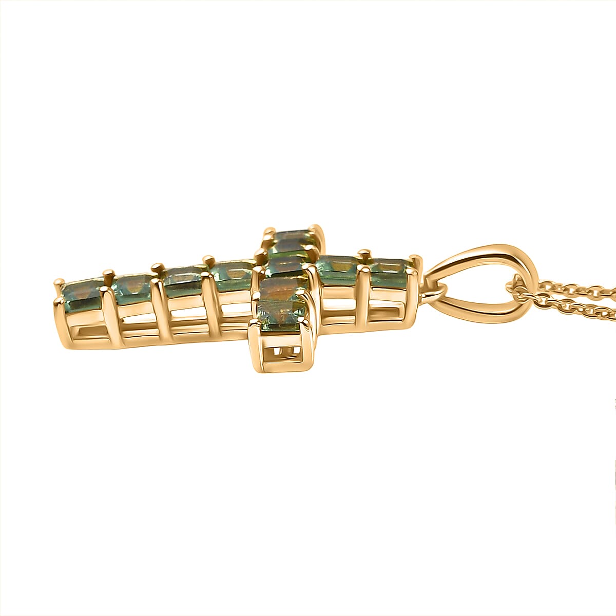 D'Joy Natural Tanzanian Green Apatite Cross Pendant with Chain (Size 20) in 18K Vermeil Yellow Gold Plated Sterling Silver 1.85 Ct. 4427617 4