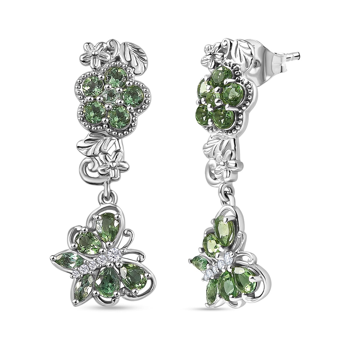 D'Joy Natural Tanzanian Green Apatite &amp; White Zircon Dangling Earring in Platinum Overlay Sterling Silver 2.97 Ct, Silver Wt. 5.13 Gms. 8288523 0