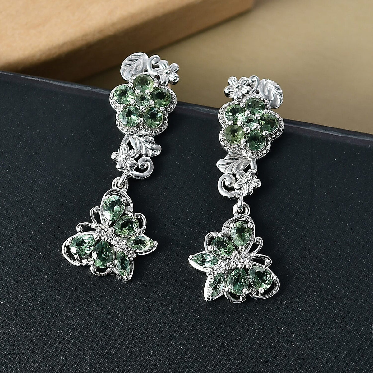 D'Joy Natural Tanzanian Green Apatite &amp; White Zircon Dangling Earring in Platinum Overlay Sterling Silver 2.97 Ct, Silver Wt. 5.13 Gms. 8288523 2