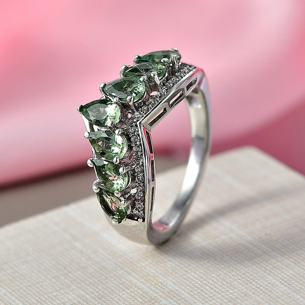 D'Joy Natural Green Apatite &amp; White Zircon Half Eternity Band Ring in Platinum Overlay Sterling Silver 1.85 Ct. 8282772 2