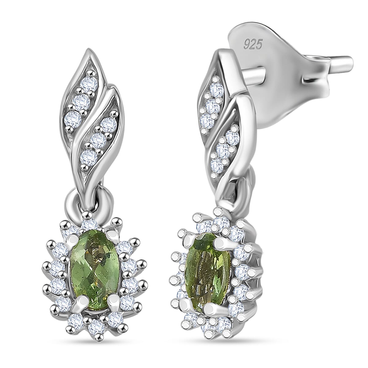 D'Joy Natural Tanzanian Green Apatite, White Zircon Solitaire Stud Push Post Earring in Rhodium OverlaySterling Silver 0.87 Ct. V32538410 0
