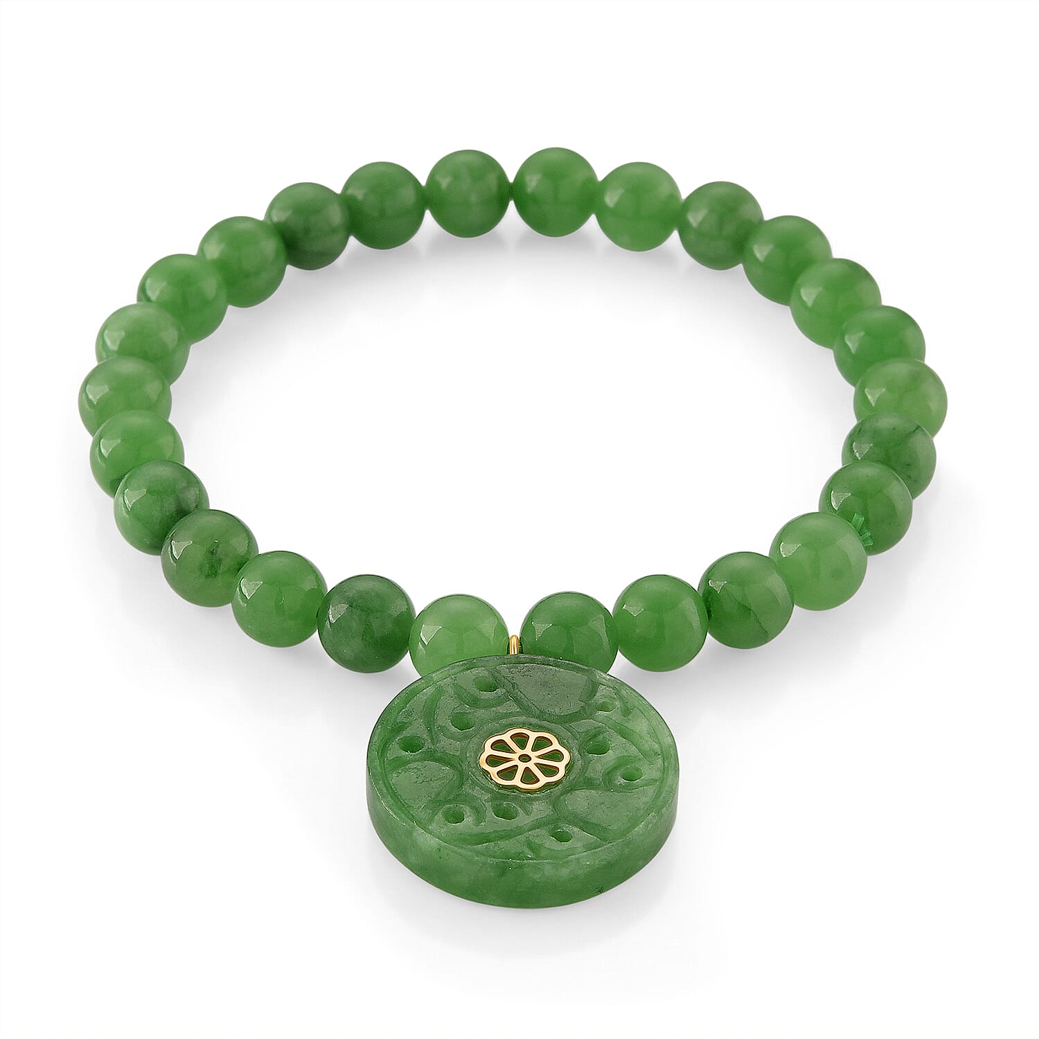 D'Joy Enhanced Green Jade Beads Stretchable Bracelet in Yellow Gold Plated Sterling Silver 130.00 Ct. 8520032 0