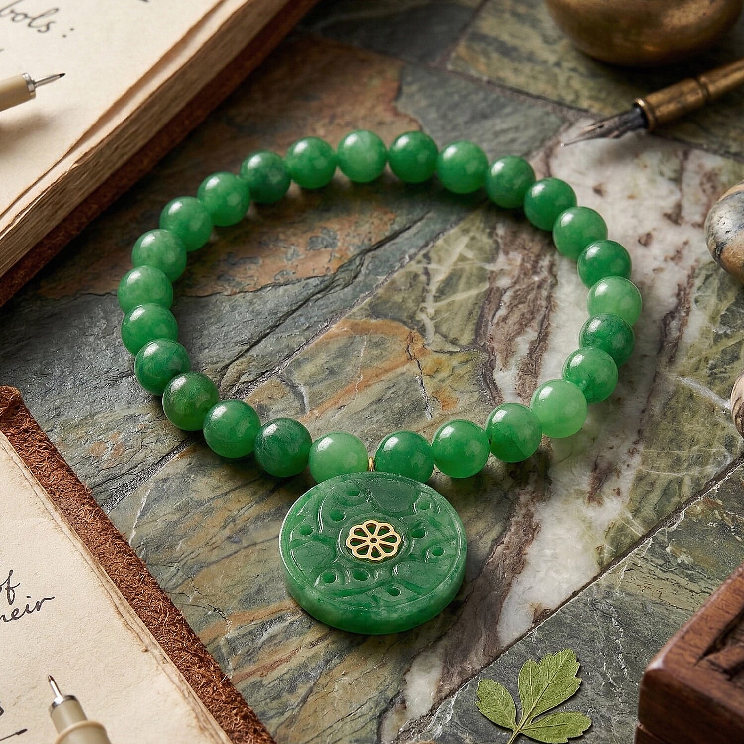 D'Joy Enhanced Green Jade Beads Stretchable Bracelet in Yellow Gold Plated Sterling Silver 130.00 Ct. 8520032 3