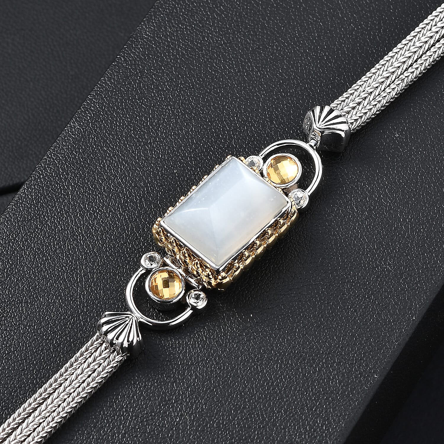 Moonstone, White Topaz &amp; Titanium Gold Mystic Quartz Bracelet (Size 7.5) with T-Bar Clasp in Yellow Gold Plated &amp; Rhodium Overlay Sterling Silver 12.46 Ct. 8364091 1