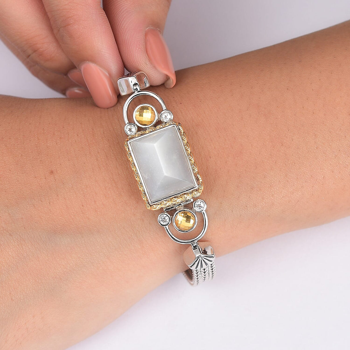 Moonstone, White Topaz &amp; Titanium Gold Mystic Quartz Bracelet (Size 7.5) with T-Bar Clasp in Yellow Gold Plated &amp; Rhodium Overlay Sterling Silver 12.46 Ct. 8364091 2