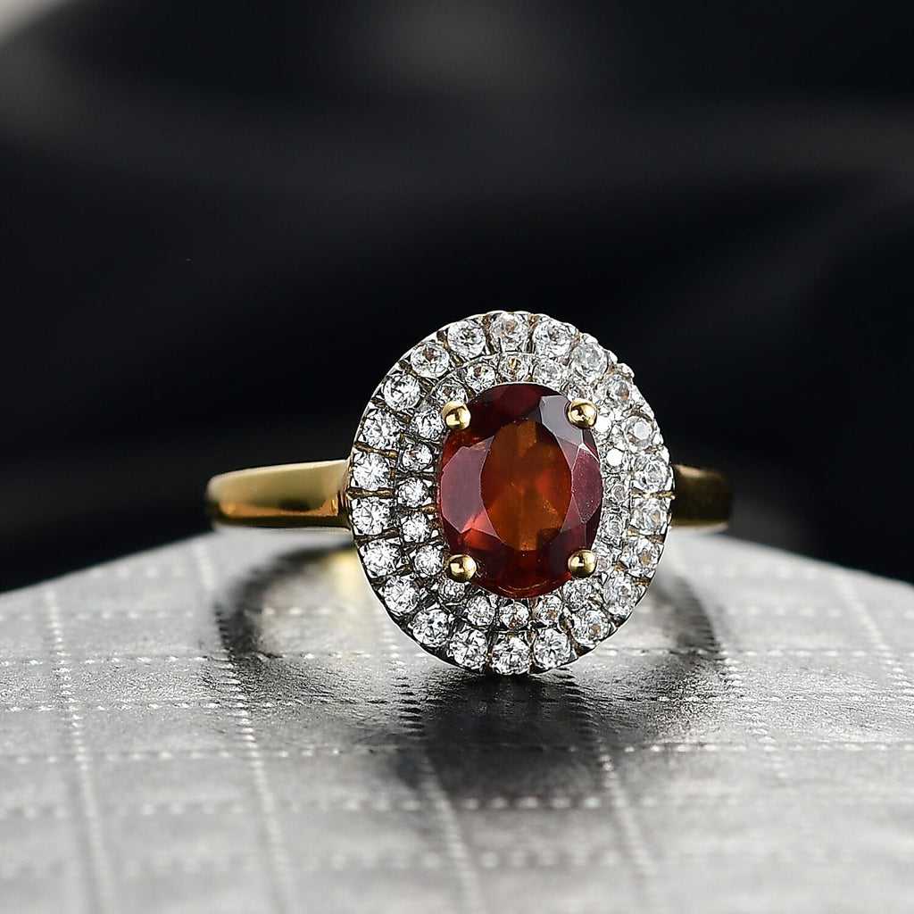 D'Joy Ceylon Hessonite Garnet & White Zircon Ring in 18K Yellow Gold Plated Sterling Silver 2.09 Ct.