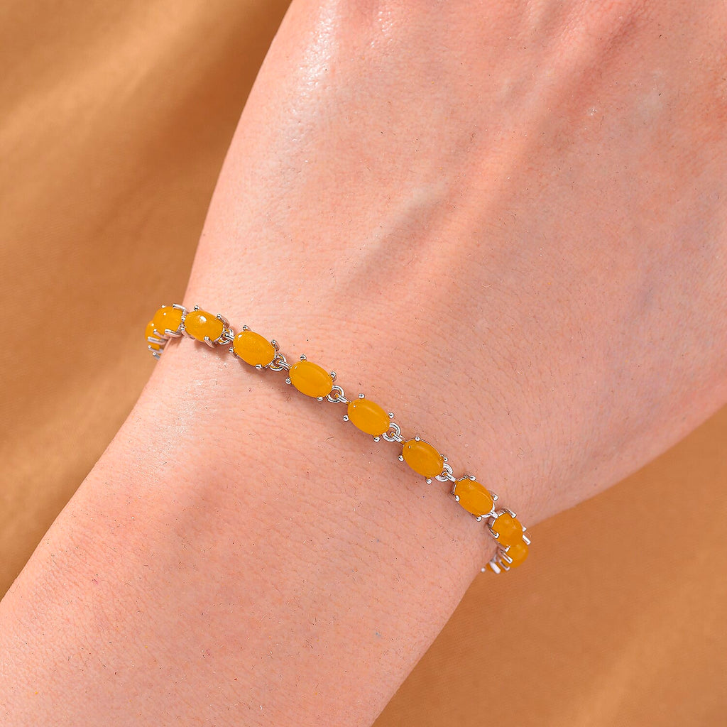 D'Joy Honey Jade Bracelet (Size 7) in Rhodium Overlay Sterling Silver 12.14 Ct, Silver Wt. 5.54 Gms.