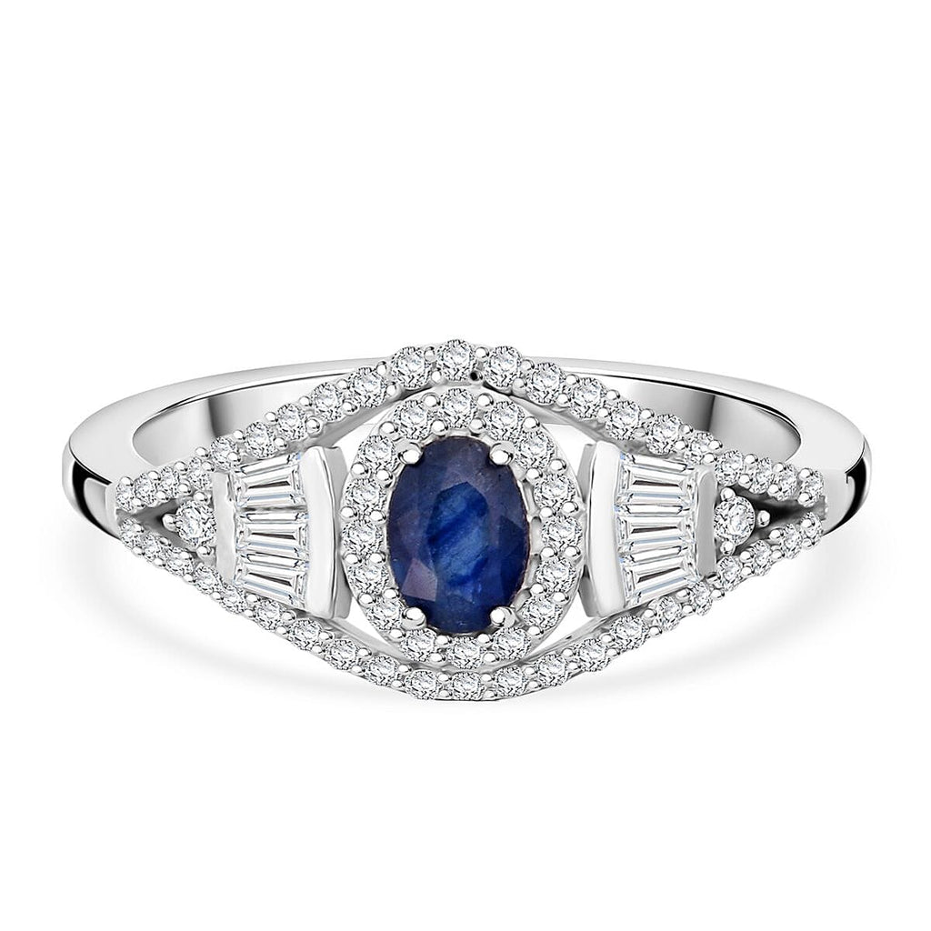 D'Joy Kanchanaburi Blue Sapphire & Moissanite Ring in Rhodium Overlay Sterling Silver 1.21 Ct.