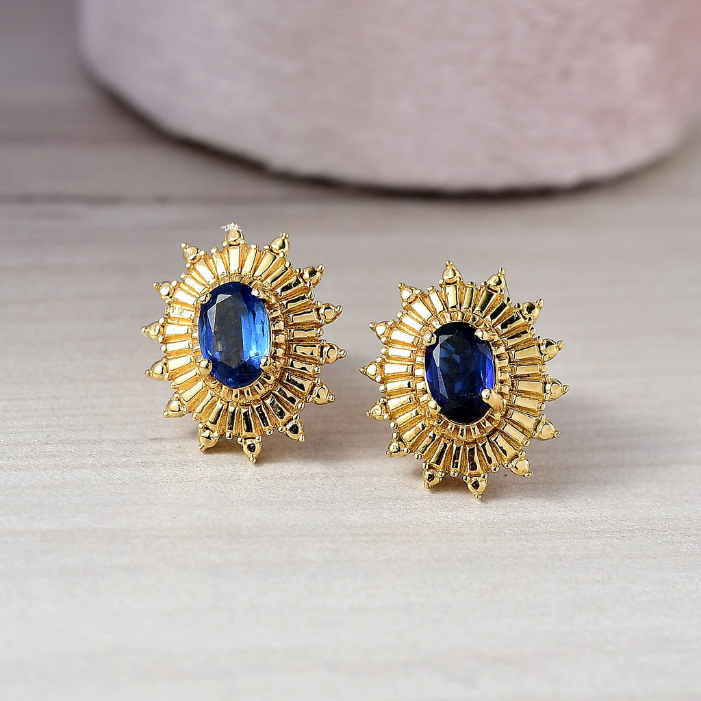 Natural Kashmir Kyanite Solitaire Stud Push Post Earring in Yellow Gold Plated Sterling Silver 1.16 Ct.