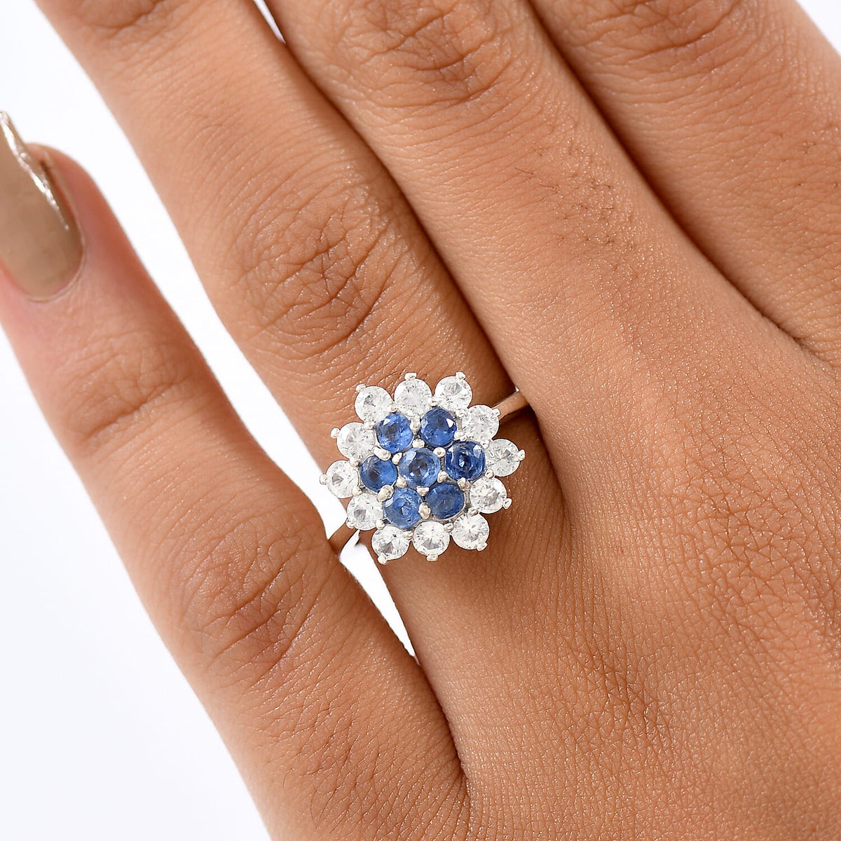 Natural Kashmir Kyanite &amp; White Zircon Cluster Ring in Platinum Overlay Sterling Silver 3.11 Ct. V32701644 3