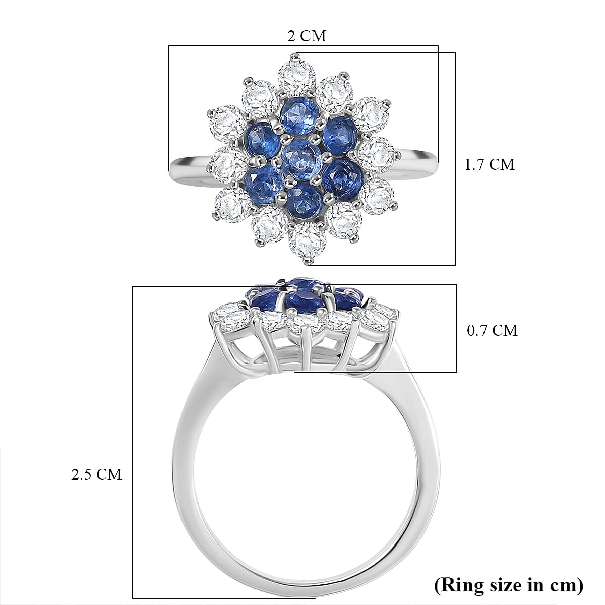 Natural Kashmir Kyanite &amp; White Zircon Cluster Ring in Platinum Overlay Sterling Silver 3.11 Ct. V32701644 6