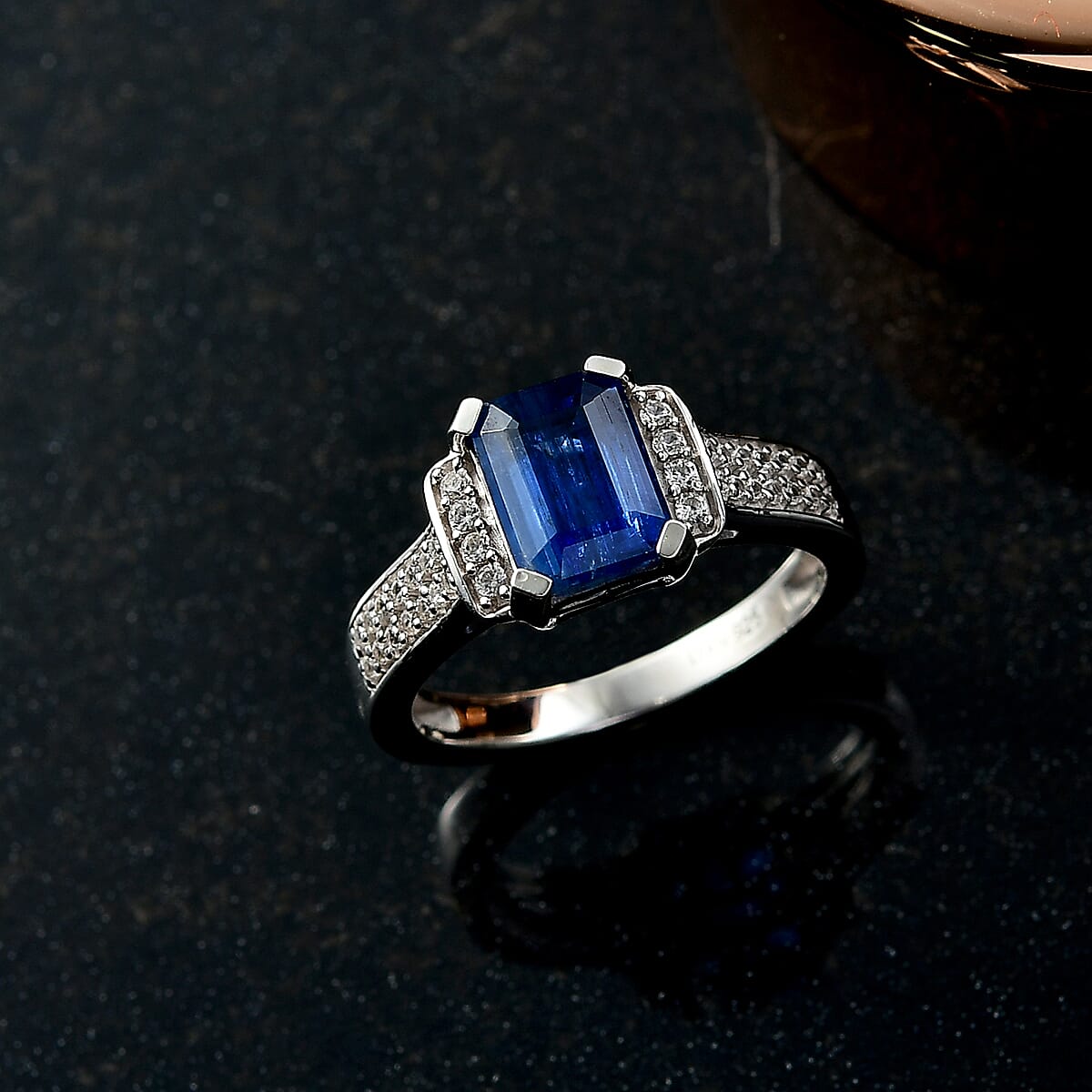 Natural Kashmir Kyanite &amp; White Zircon Ring in Rhodium Overlay Sterling Silver 2.23 Ct. 8259172 2