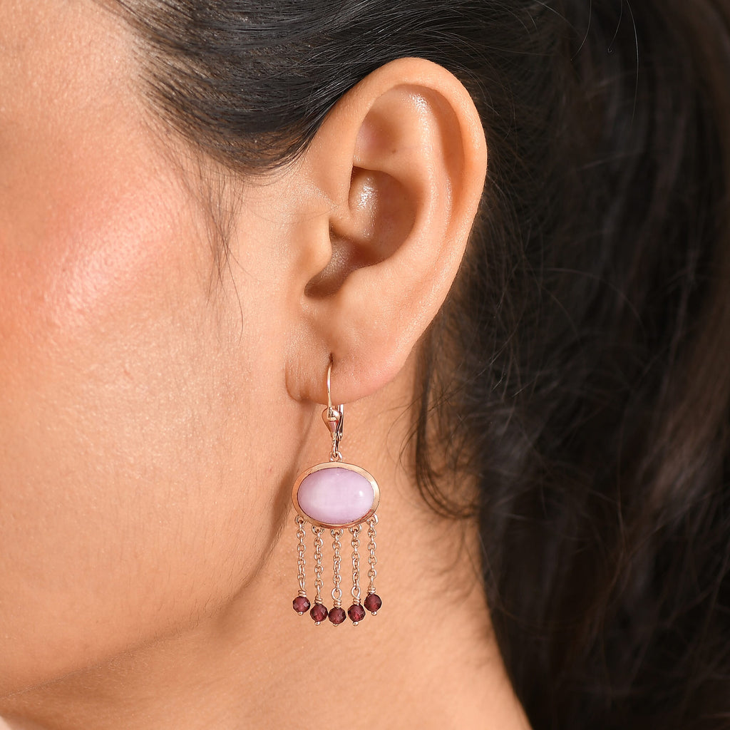 D'Joy Natural Kunzite & Red Garnet Earring with Lever Back in Rose Gold Plated Sterling Silver 15.73 Ct.