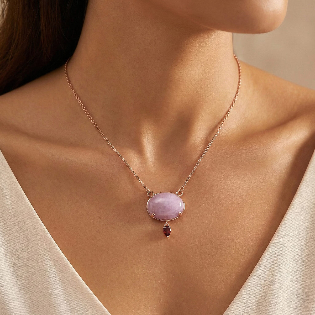 D'Joy Natural Kunzite &amp; Red Garnet Drop Necklace (Size - 20) with Lobster Clasp in Rose Gold Plated Sterling Silver 23.04 Ct. V32514496 2