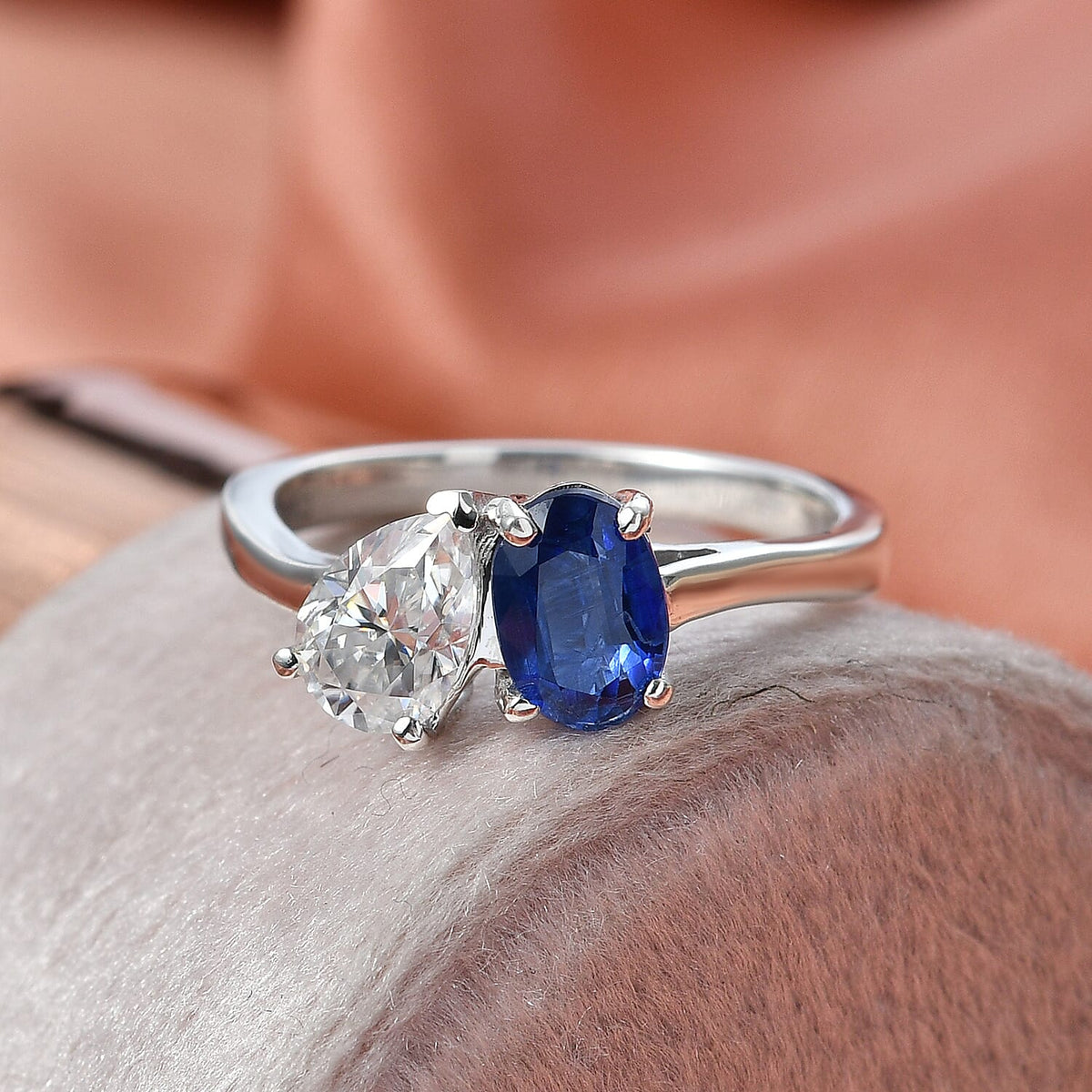 D'Joy AAA Natural Kashmir Kyanite and Moissanite Toi et Moi Band Ring in Platinum Overlay Sterling Silver 1.72 Ct. 8448313 3