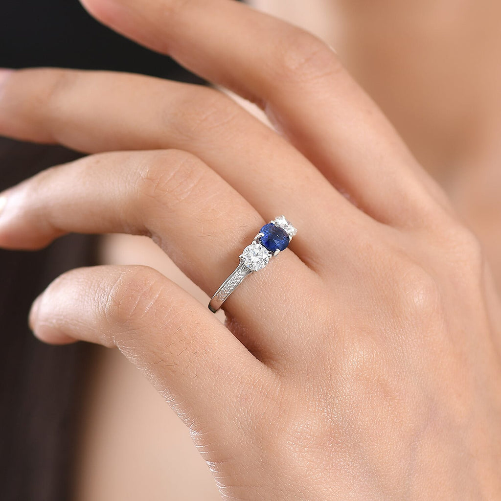 D'Joy AAA Kyanite & Moissanite Trilogy Ring in Platinum Overlay Sterling Silver 2.04 Ct.