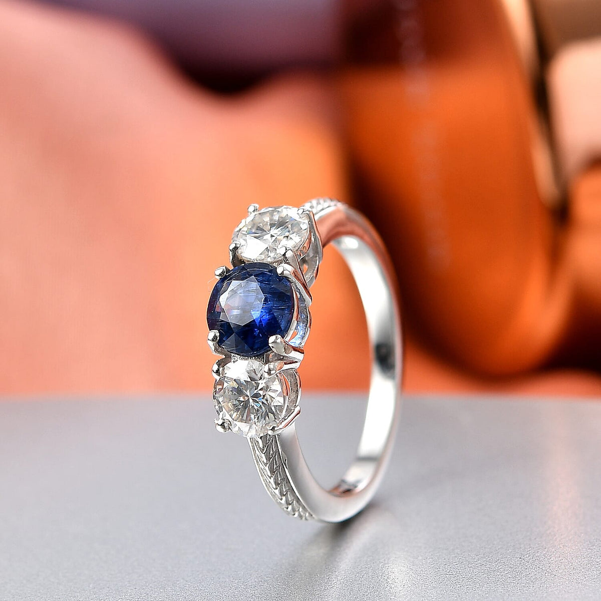 D'Joy AAA Kyanite, Moissanite Trilogy Ring in Platinum Overlay Sterling Silver 2.04 Ct. 8448269 3