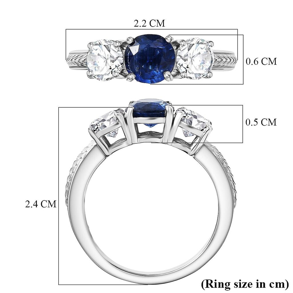 D'Joy AAA Kyanite & Moissanite Trilogy Ring in Platinum Overlay Sterling Silver 2.04 Ct.