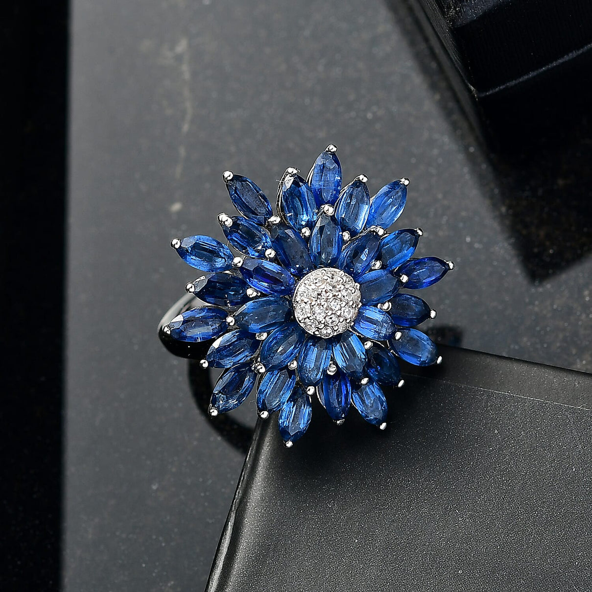 Natural Kyanite &amp; White Zircon Cluster Ring in Rhodium Overlay Sterling Silver 7.33 Ct. V32540425 2