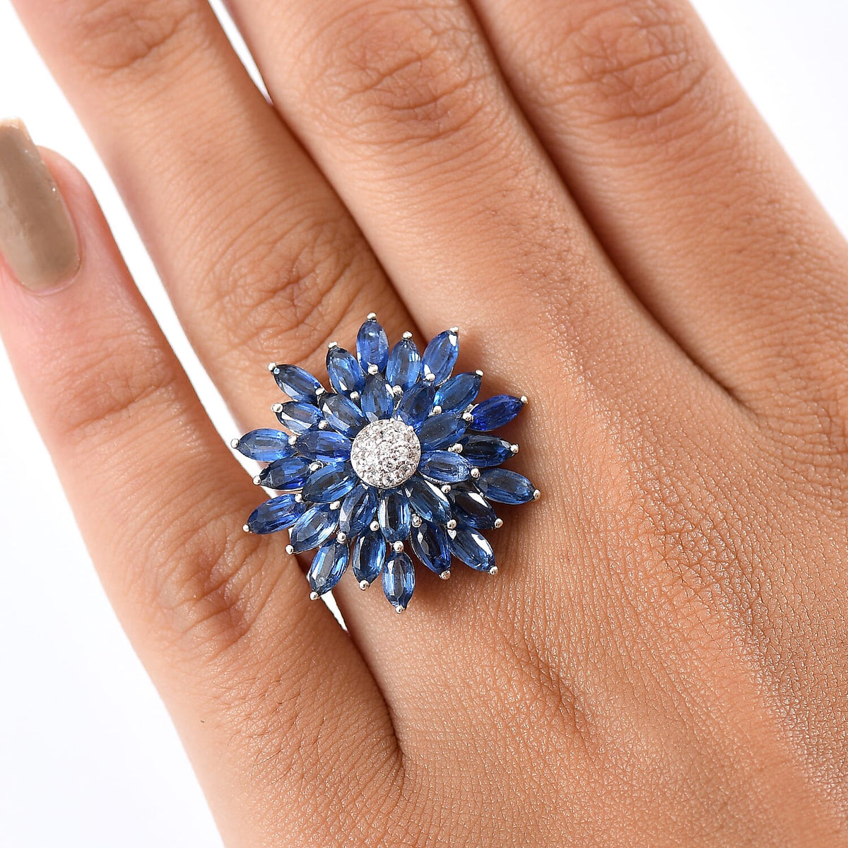 Natural Kyanite &amp; White Zircon Cluster Ring in Rhodium Overlay Sterling Silver 7.33 Ct. V32540425 3