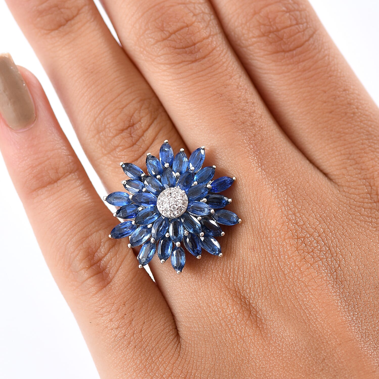 Natural Kyanite &amp; White Zircon Cluster Ring in Rhodium Overlay Sterling Silver 7.33 Ct. V32540425 3