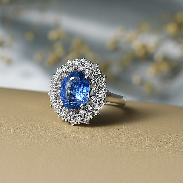 D'Joy 3.4 Ct. Kyanite, White Zircon Double Halo Ring in Rhodium Overlay Sterling Silver 8298492 2