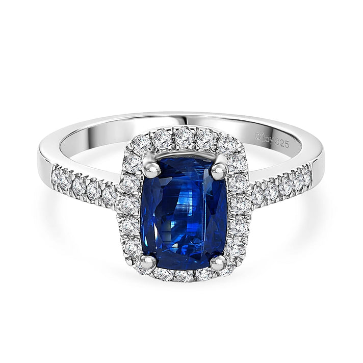 D'Joy AAA Natural Kashmir Kyanite, White Zircon Cushion Cut Halo Ring in Rhodium Overlay Sterling Silver 2.21 Ct. 8477403 1