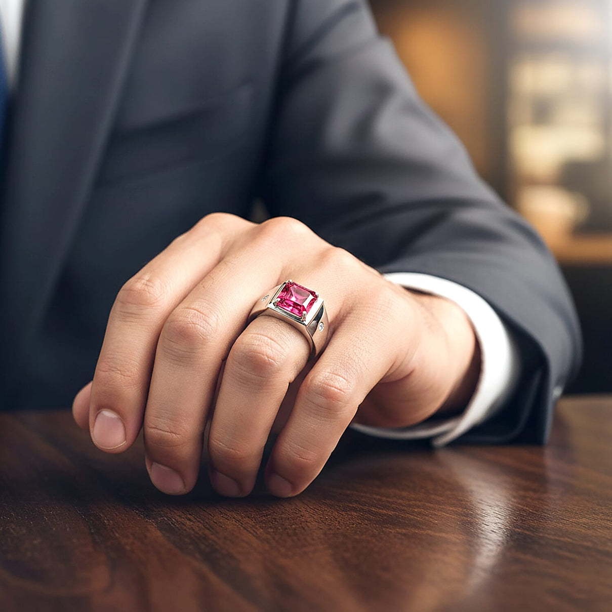D'Joy Lab Grown Padparadscha Sapphire, Lab Grown Diamond Men's Ring in Rhodium Overlay Sterling Silver 3.34 Ct. 8260109 3