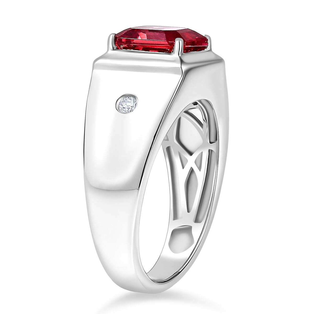 D'Joy Lab Grown Padparadscha Sapphire, Lab Grown Diamond Men's Ring in Rhodium Overlay Sterling Silver 3.34 Ct. 8260109 4