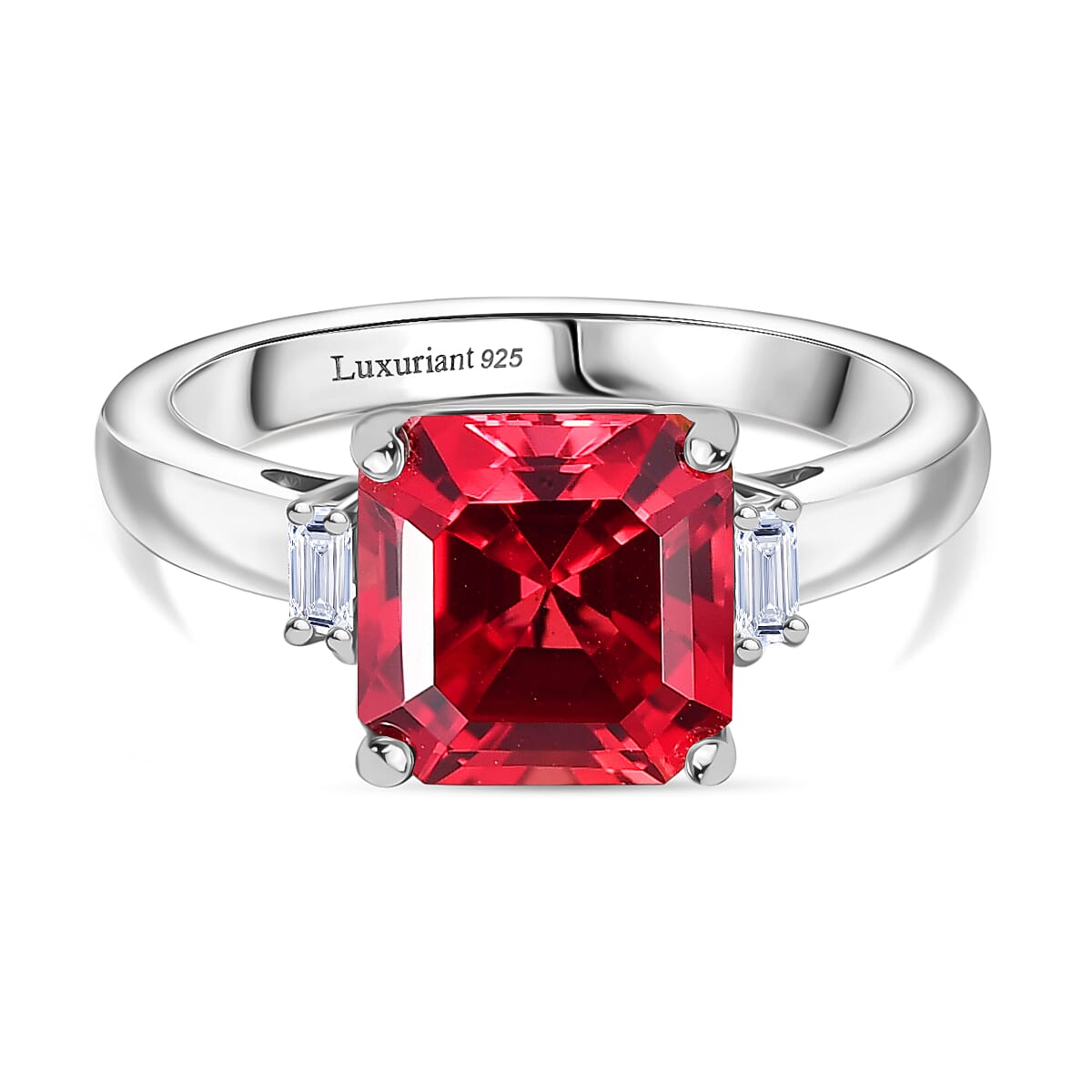 Luxuriant Lab Grown Padparadscha Sapphire &amp; Lab Grown Diamond Ring in Rhodium Overlay Sterling Silver 5.17 Ct. 8261482 0
