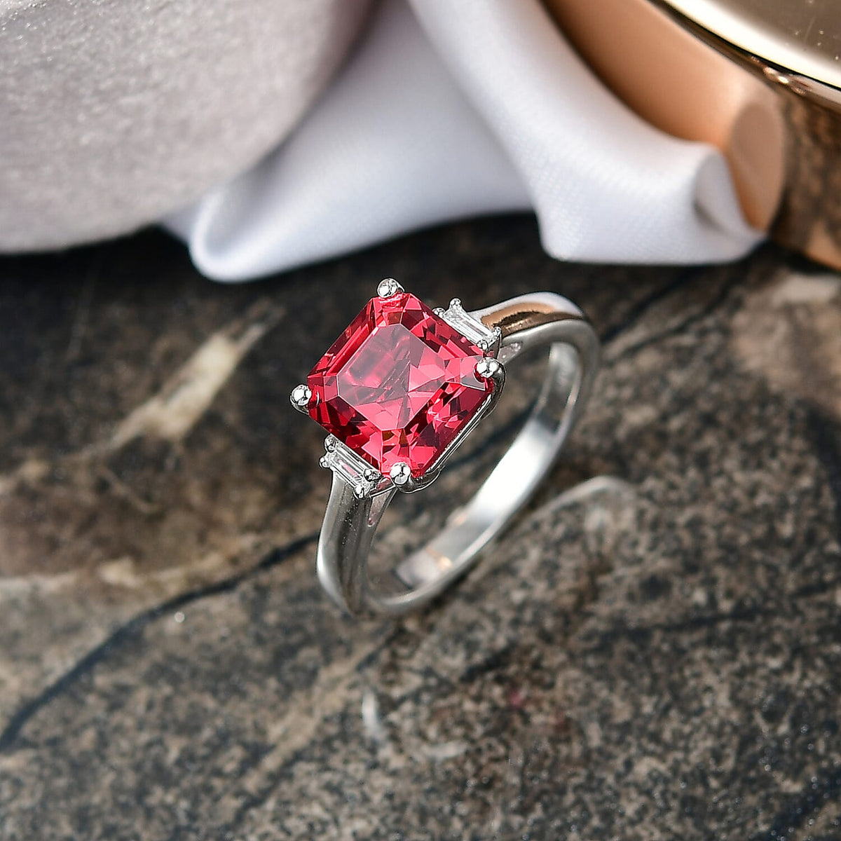 Luxuriant Lab Grown Padparadscha Sapphire &amp; Lab Grown Diamond Ring in Rhodium Overlay Sterling Silver 5.17 Ct. 8261482 2