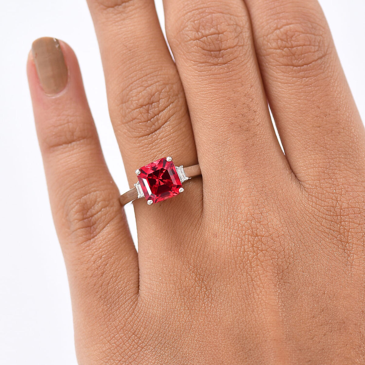 Luxuriant Lab Grown Padparadscha Sapphire &amp; Lab Grown Diamond Ring in Rhodium Overlay Sterling Silver 5.17 Ct. 8261482 3