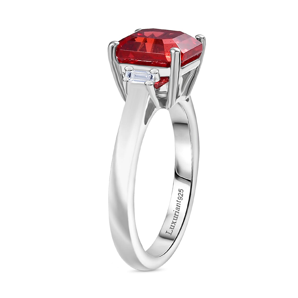 Luxuriant Lab Grown Padparadscha Sapphire &amp; Lab Grown Diamond Ring in Rhodium Overlay Sterling Silver 5.17 Ct. 8261482 4