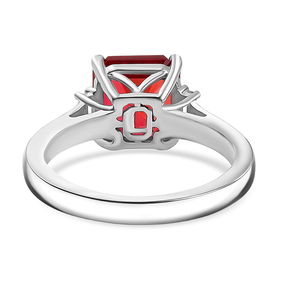 Luxuriant Lab Grown Padparadscha Sapphire &amp; Lab Grown Diamond Ring in Rhodium Overlay Sterling Silver 5.17 Ct. 8261482 5