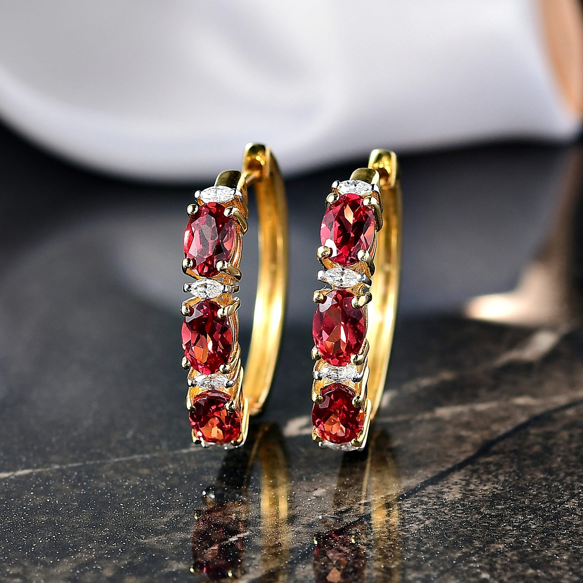 D'Joy Lab Grown Padparadscha Sapphire &amp; Moissanite Full Hoop Earring in 18K Yellow Gold Plating Sterling Silver 3.95 Ct. 8259890 2